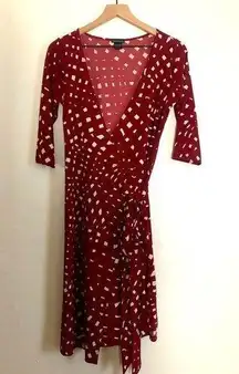 MODA INTERNATIONAL Burgundy Red White Polka Dots V-Neck Tie Open Wrap Dress