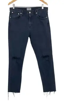 AGOLDE Womens Blue/Black Distressed Slim Fit Frayed Hem Quiet Luxury Jeans 34