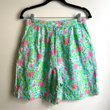 Lilly Pulitzer  Vintage Linen Blend High-Waist Floral Pastel Pleated Shorts 10