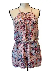 Parker Womens Pink Blue Floral Silk Sleeveless Tiered Romper Sz XS