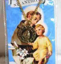 NIP St. Anthony Medallion Gold Tone Link Chain Pendant Necklace