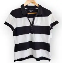 Tommy Hilfiger Polo Shirt Black White Striped Collared Classic Polo Shirt M