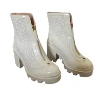 Gucci Trip Zip Front Combat Boots White Rhombus GG Quilted Block Heel Size 37.5