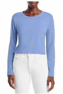 Chaser Vintage Heart Print Long Sleeve Tee Light Blue Yellow Hearts Small NWT