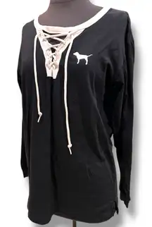 Victoria's Secret Pink Campus Lace-up Long Tee Shirt Dog Black White Small