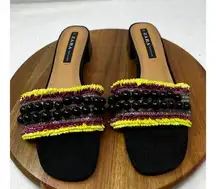 Zara Sandals Womens Black Hand Beaded Fringed Mule Slide Sandals Size 41