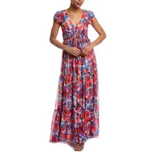 NWT $695 PatBO Violet Maxi Dress Women 4 Red Floral Chiffon Wedding Formal Event