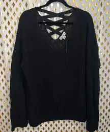 Ava & Viv Knit sweater V-Neck Black Sweater Criss Cross corset goth Details size