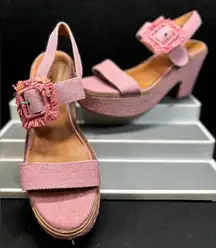 Lucky Brand Yidris‎ Platform Espadrille Heels Sandals Pink Size 9M Straw Buckle