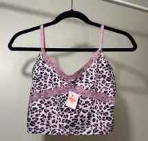 Pink Leopard Print Lace Trim Cami Top