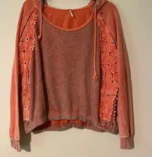 Free People Coral Hoodie with patches of lace Sz Small (runs big ) fits like M/L