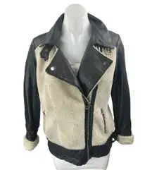 Slate & Willow Aviator Beige Black 100% Leather Sherpa Zip Up Moto Coat Jacket S