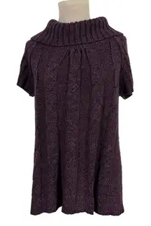 NEW DIRECTIONS PETITE L Purple Cable Knit Short Sleeve Cowl Neck Tunic Sweater