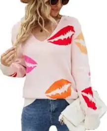 Boutique kisses all over lip print deep v-neck sweater size medium‎