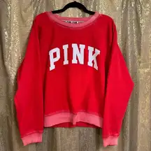 PINK Victorias Secret Varsity Crewneck Bright Red Fade Pullover Sweater Large