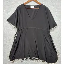 Mud pie Women’s Shirt Swimsuit‎ Cover Up Sz S/M Black Pom Pom Detail Boho Beach