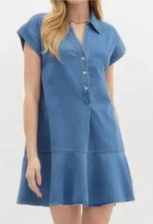 Entro Stay Close Denim Drop Waist Collared Button Front Mini Dress Blue M