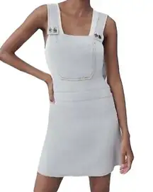 Crocheted bibbed overall sweater dress dusty blue with contrasting brown stitch