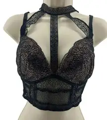 Victoria's Secret Long Line Choker Black Mesh Lined Plunge Bra Womens 34DD