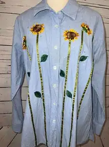 Quacker Factory Denim Shirt Large Long Sleeve Button Front Sunflower Bling