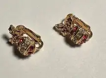 Signed Avon Clip On Earrings Red Rhinestone Ornament Christmas Holiday