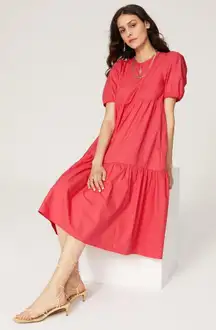 Peter Som Pink Puff Sleeve Tiered Puff Sleeve Poplin Midi Dress Size 4