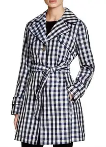 Laundry by Shelli Segal‎ Blue Gingham Plaid Belted Trench Coat Women’s XL