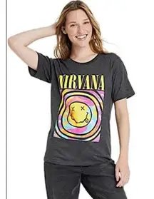 Nirvana Womens T- Shirt Reprint Gray Grunge Front‎ Hit Technicolor Wash Smiley L