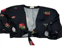 CAPULET Top Womens Medium Black Floral Print Kimono Style Tie Front Cropped