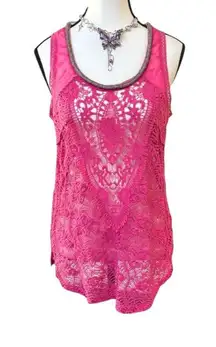 Y2K VTG. MISS ME PINK LACE CROCHET SHEER BEADED TOP BLOUSE MEDIUM‎