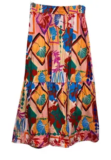 LIT Women Maxi Skirt M Abstract Multicolor Boho Art Print Tiered Funky Chic Folk