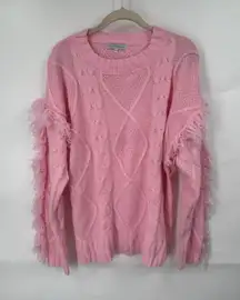 Miss Sparkling Cable Knit Fringe Coquette Cowgirl Sweater Women L Pink Western