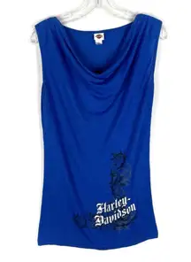 Royal Blue Drape Neck Silver Script Sleeveless Top Medium M