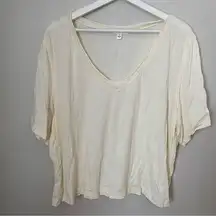 BP T-Shirt Top Off-White Cream Lace Trim Basics Casual V-Neck Neutral Trendy