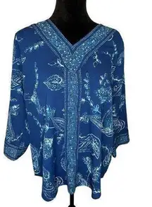 Belle by Kim Gravel Bandana Border Print V-Neck Blouse Navy Size‎ Medium