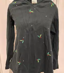Quacker Factory Black Christmas Shirt Womens with Holly and Beads