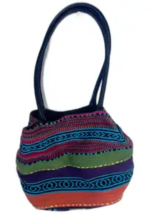 Woven Knit Colorful Embroidered Canvas Striped Shoulder Tote Bag Guatamalan