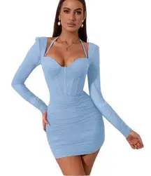 Parthea Baby Blue Corset Long Sleeve Halter Backless Mesh Ruched Mini Dress XL