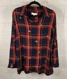 Womens Plaid Embroidered Long Sleeve Shirt Plus Size X or 14W Navy Red