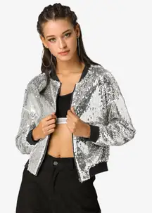 NWT Allegra K Metallic Bomber Jacket Womens‎ Large Sequins Festival Full Zip NEW