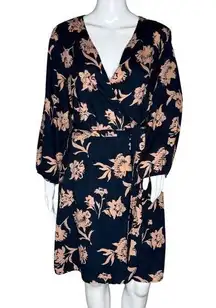 Allison Joy Dress Womens Large Black Pink Floral Wrap Dress Office Wedding Guest