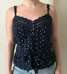 New Hollister Polka Dot Lace Cami Top Navy Blue Button Front Size Medium