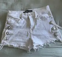 EXPRESS White High-Waisted Denim Shorts / Cowgirl Tassle Bolo Tie side Jean Shorts