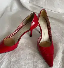 red pointy toe patent leather heels