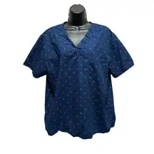 Dickies Scrub Top Navy/Horseshoes Print Short‎ Sleeve V Neck Pockets Size M