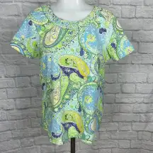 Caribbean Joe Women's Blue & Green Tropical Paisley Short Sleeve Top Size XL‎