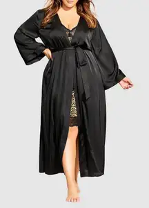 Fox & Royal City Chic Long Black Satin Robe Classic Minimalist Plus Size 18 M