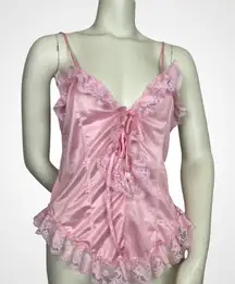 Vintage Teddy Lingerie Pink Ruffles Lace-Up Frills Girly Straps V-Neck‎ Bodysuit