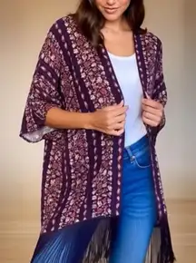 Bongo Blue Red White Scarf Print Fringe Kimono Jacket Women Juniors S/M