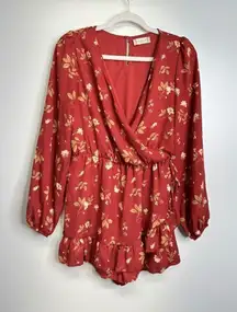 Altar’s State Romper Womens Floral Red/Tan Long Sleeve Ruffle Detail Size Medium